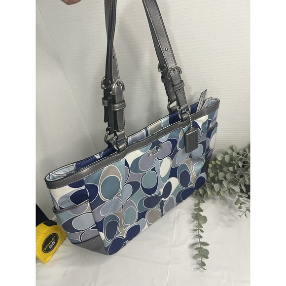 Coach Signature Op Art Scarf Print Blue Sateen Gallery Tote Handbag - Picture 3 of 12